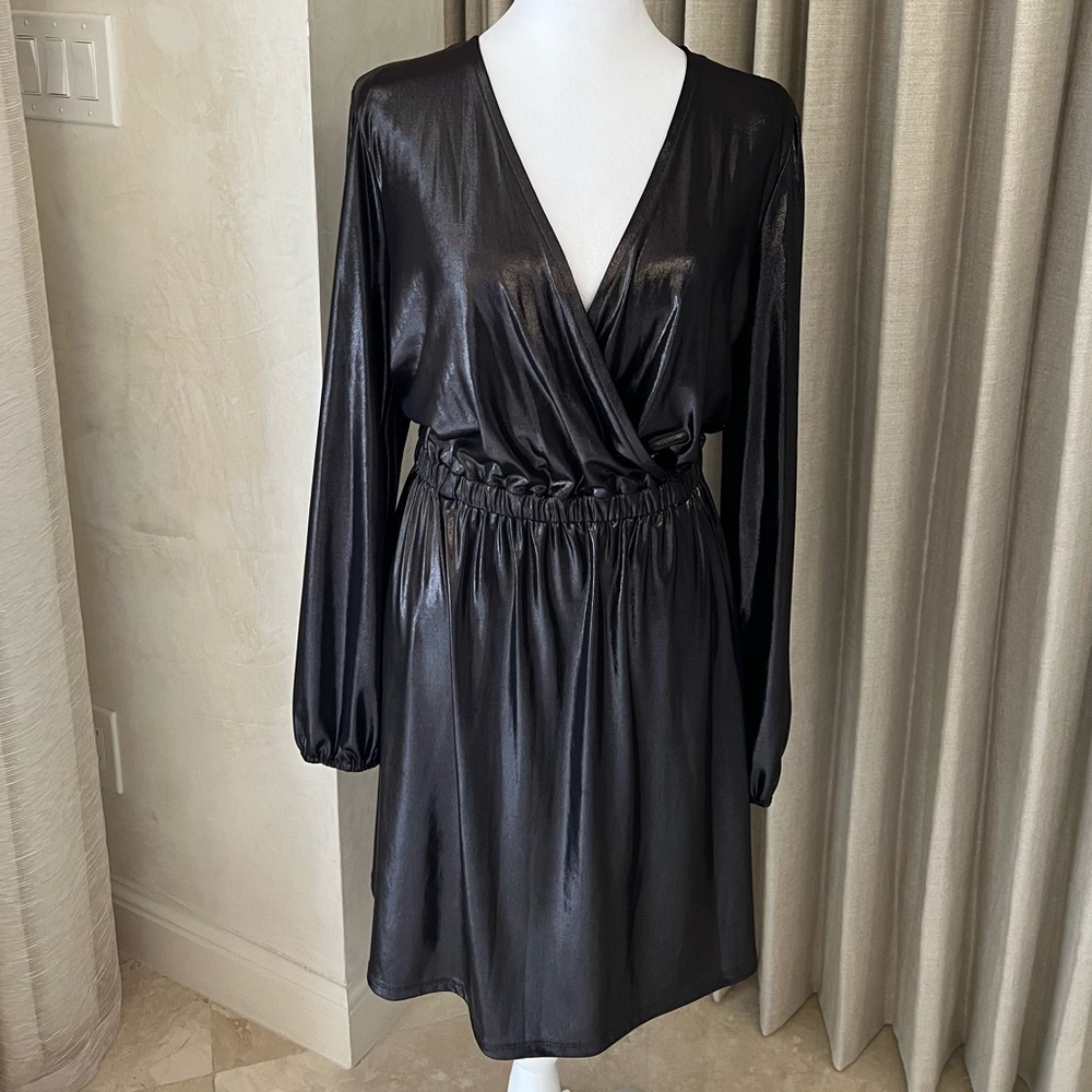 Michael Kors Shiny Black Long-Sleeve Cocktail Party Holiday Dress NWT